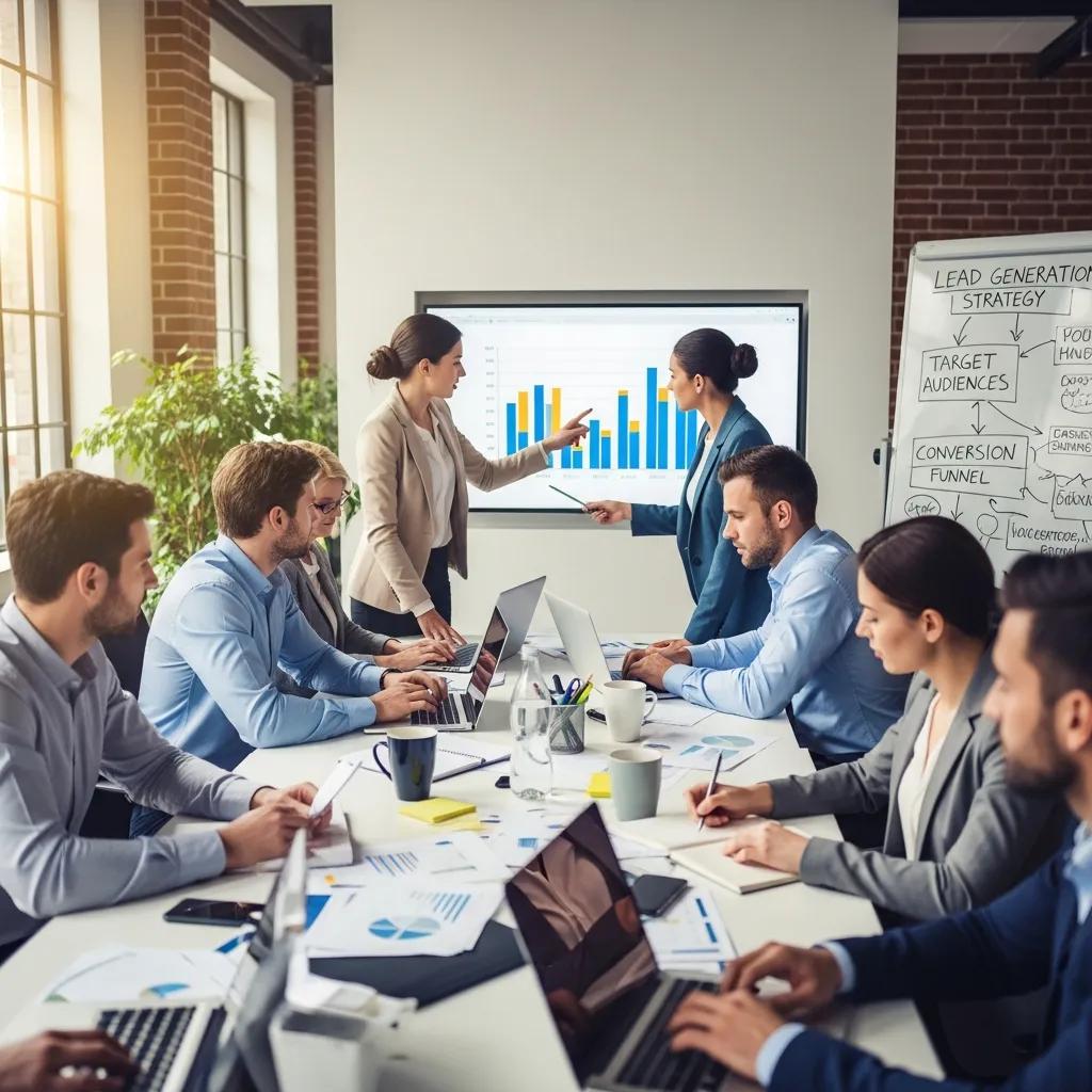 Business professionals collaborating on outsourced B2B lead generation strategies in a modern office