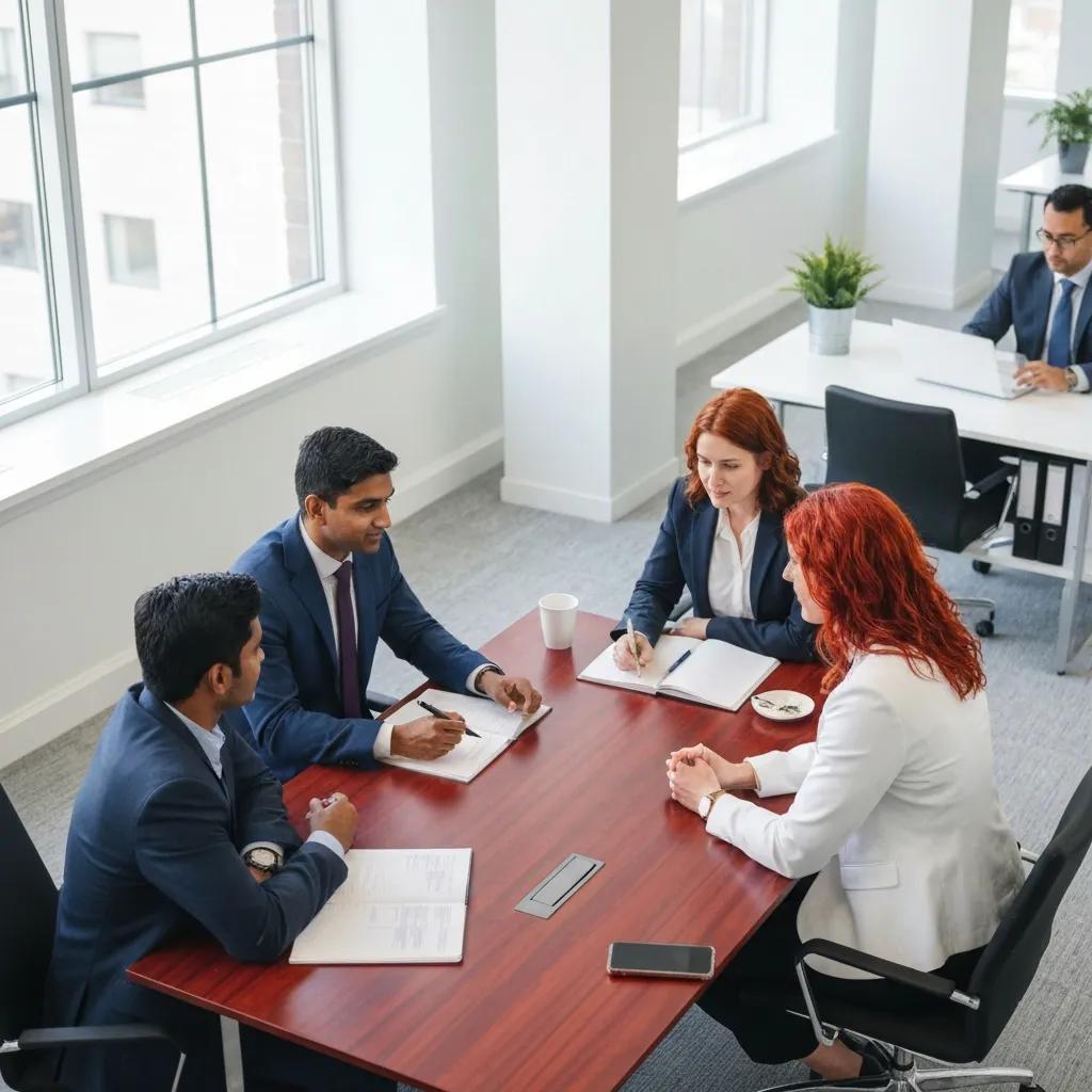 Business professionals collaborating on real estate compliance in a modern office setting