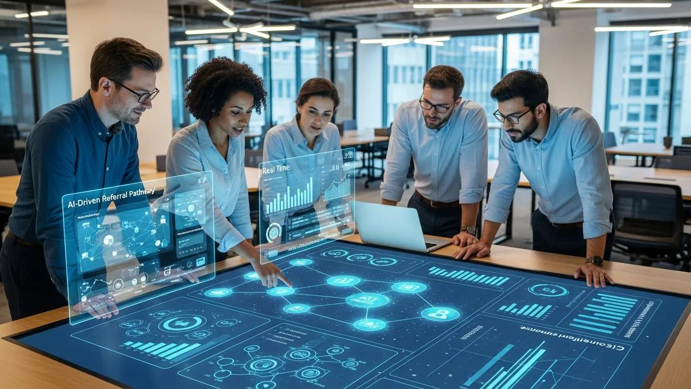 Business professionals collaborating with AI tools for referral marketing