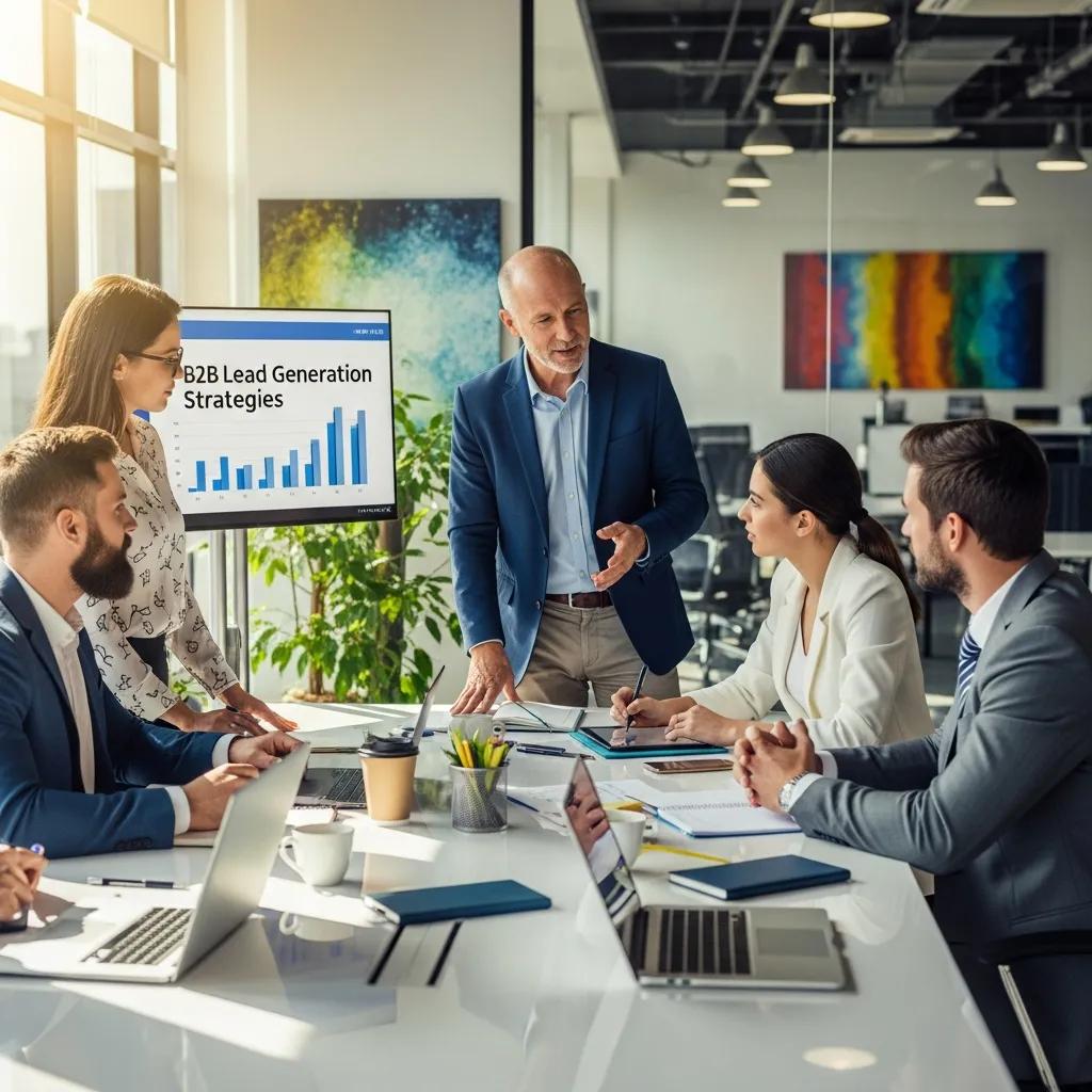 Business professionals discussing B2B lead generation strategies in a modern office setting