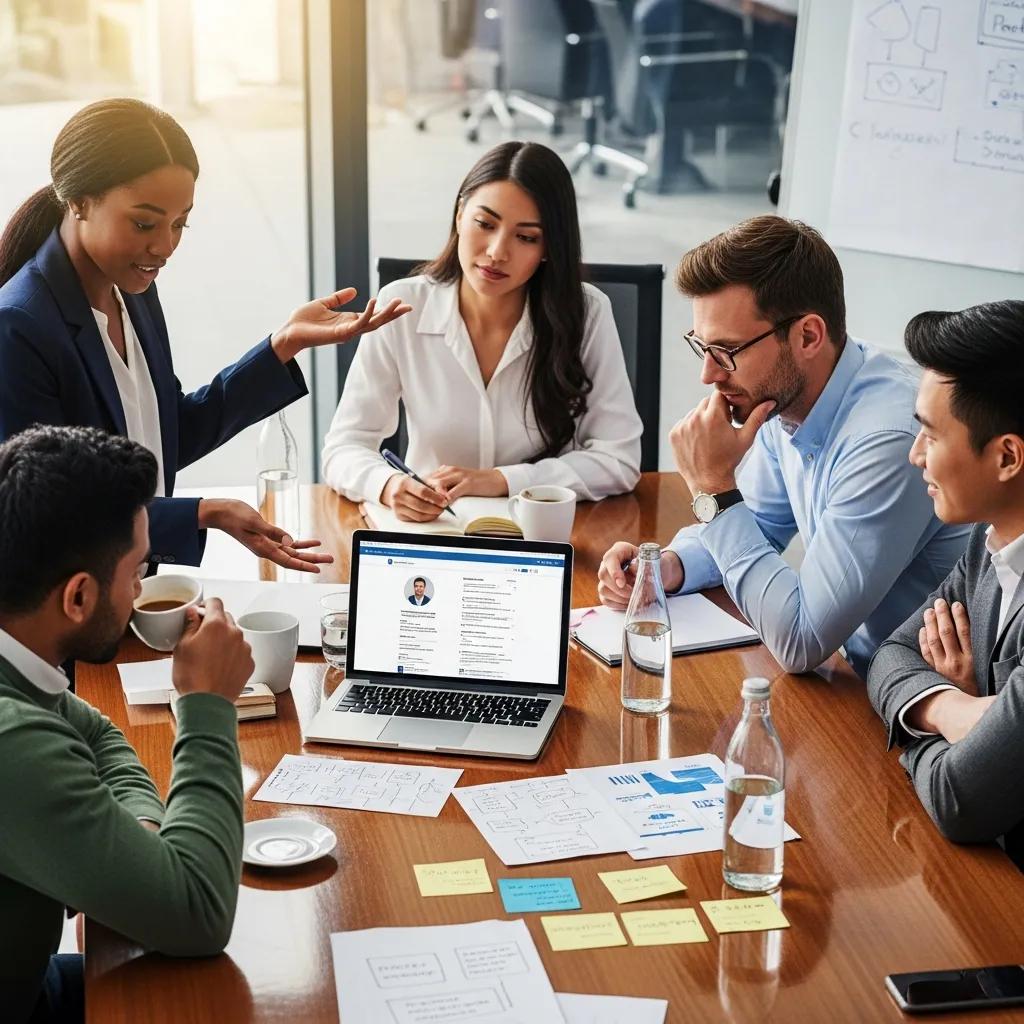 Business professionals discussing B2B outreach strategies on LinkedIn with a laptop and notes