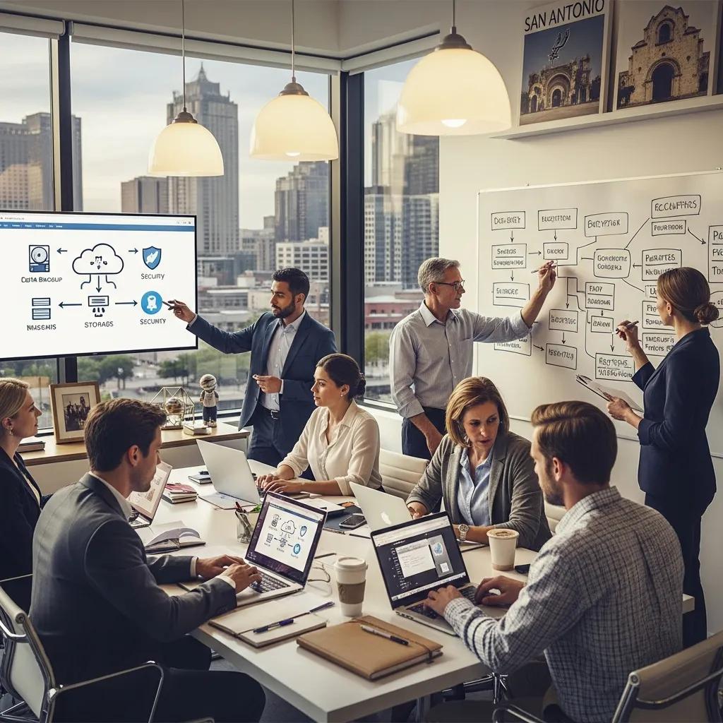 Business professionals discussing data backup solutions in a modern office