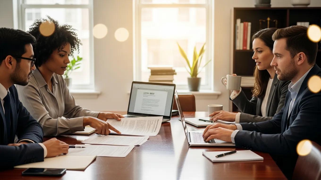 Business professionals discussing directors' liability in a cozy conference setting