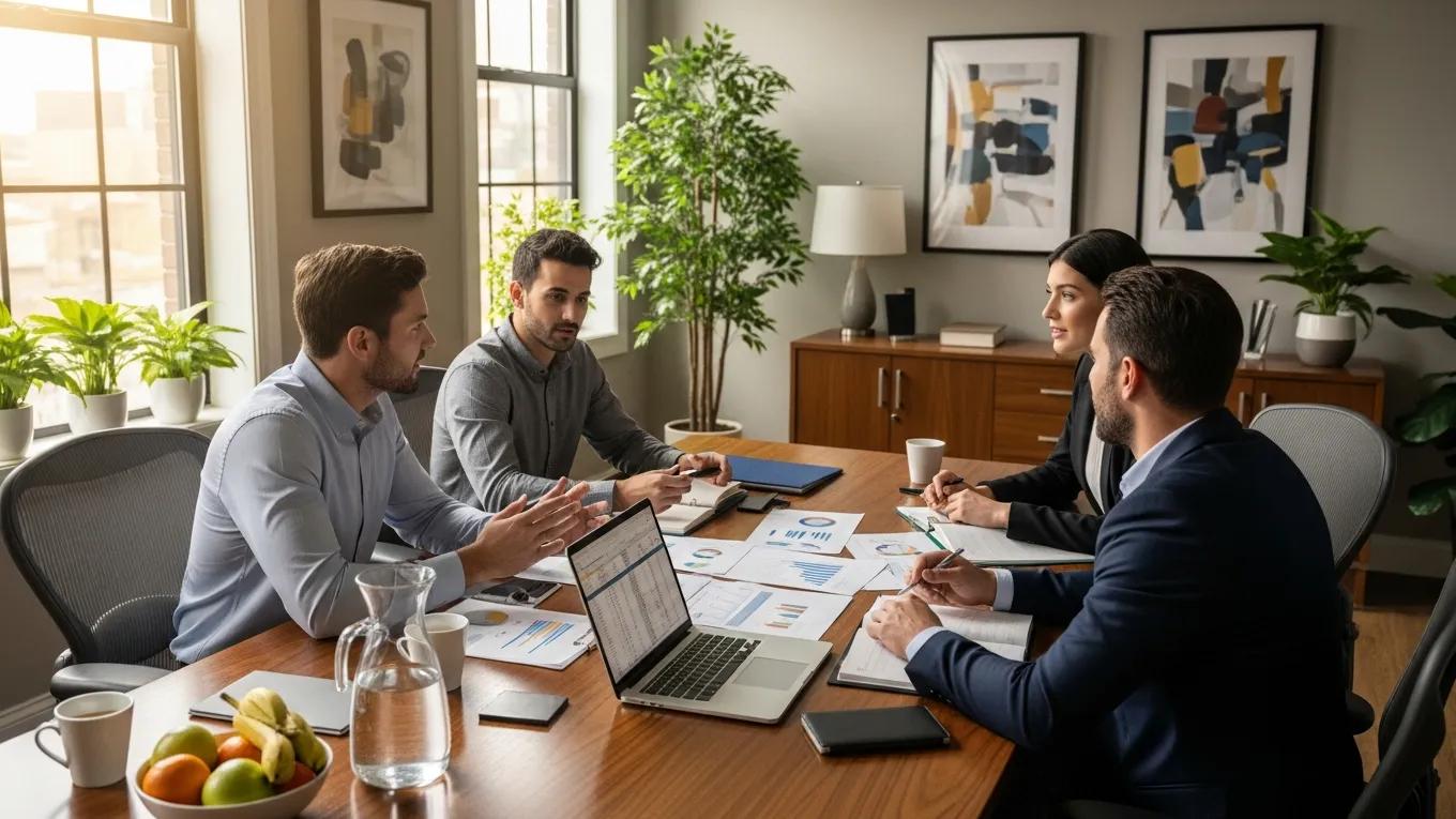 Business professionals discussing limited company debt responsibilities in a modern office setting