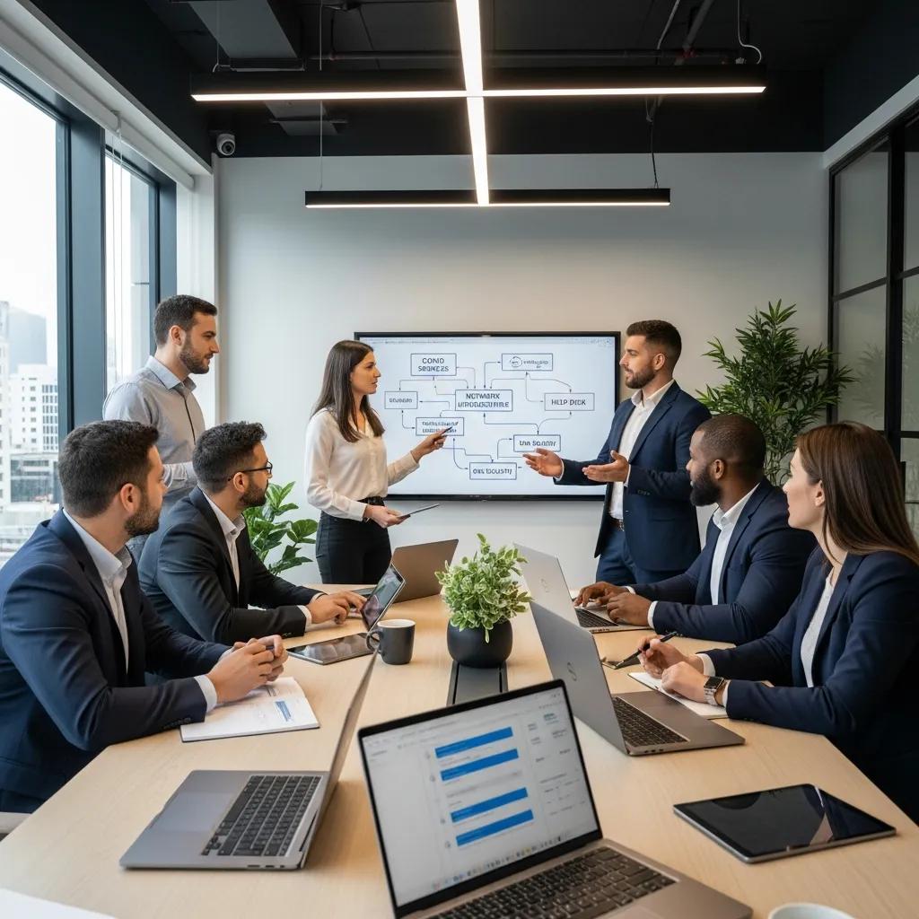 Business professionals discussing managed IT support solutions in a modern office setting