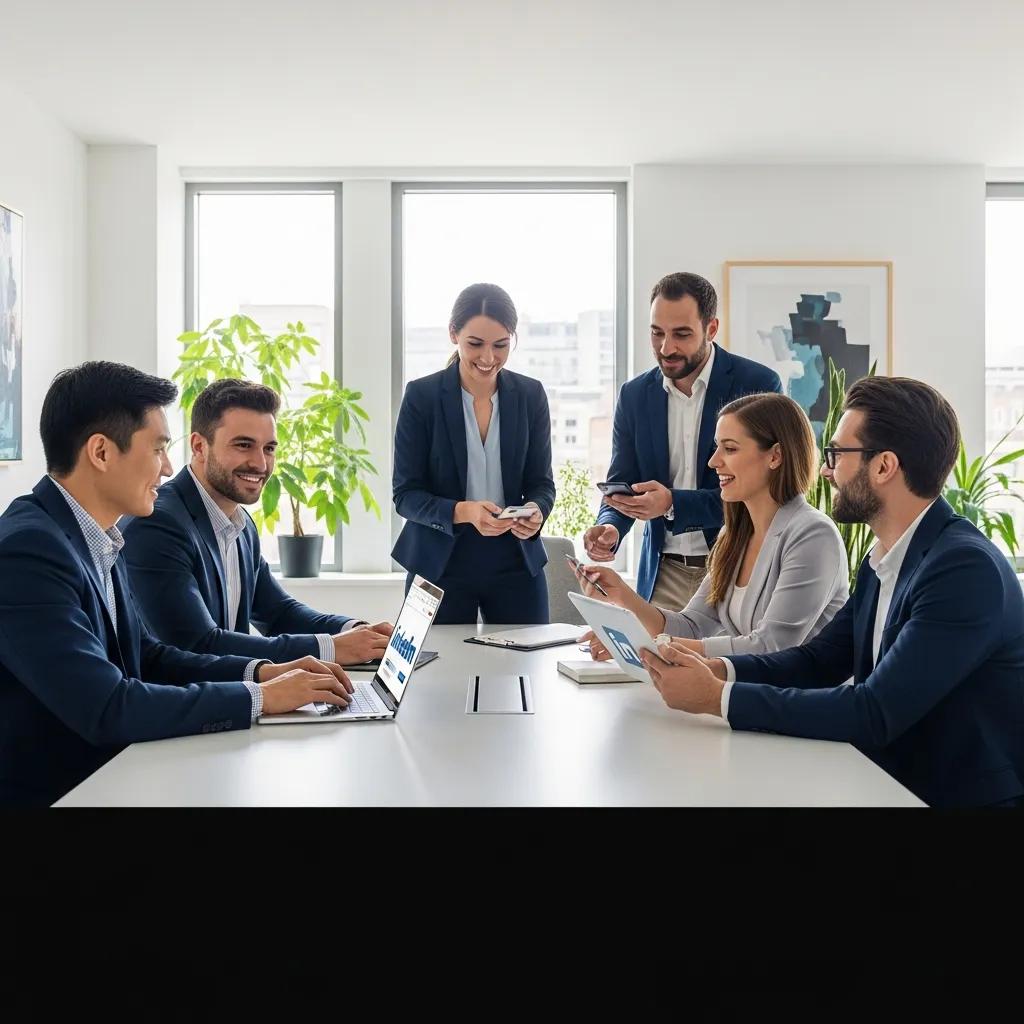 Business professionals networking on LinkedIn in a modern office setting