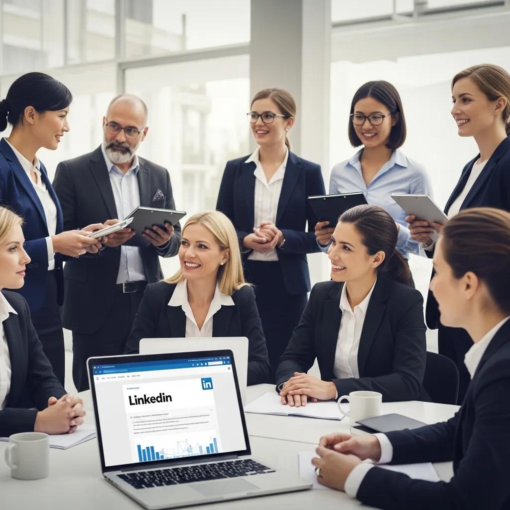 Business professionals networking on LinkedIn in a modern office setting