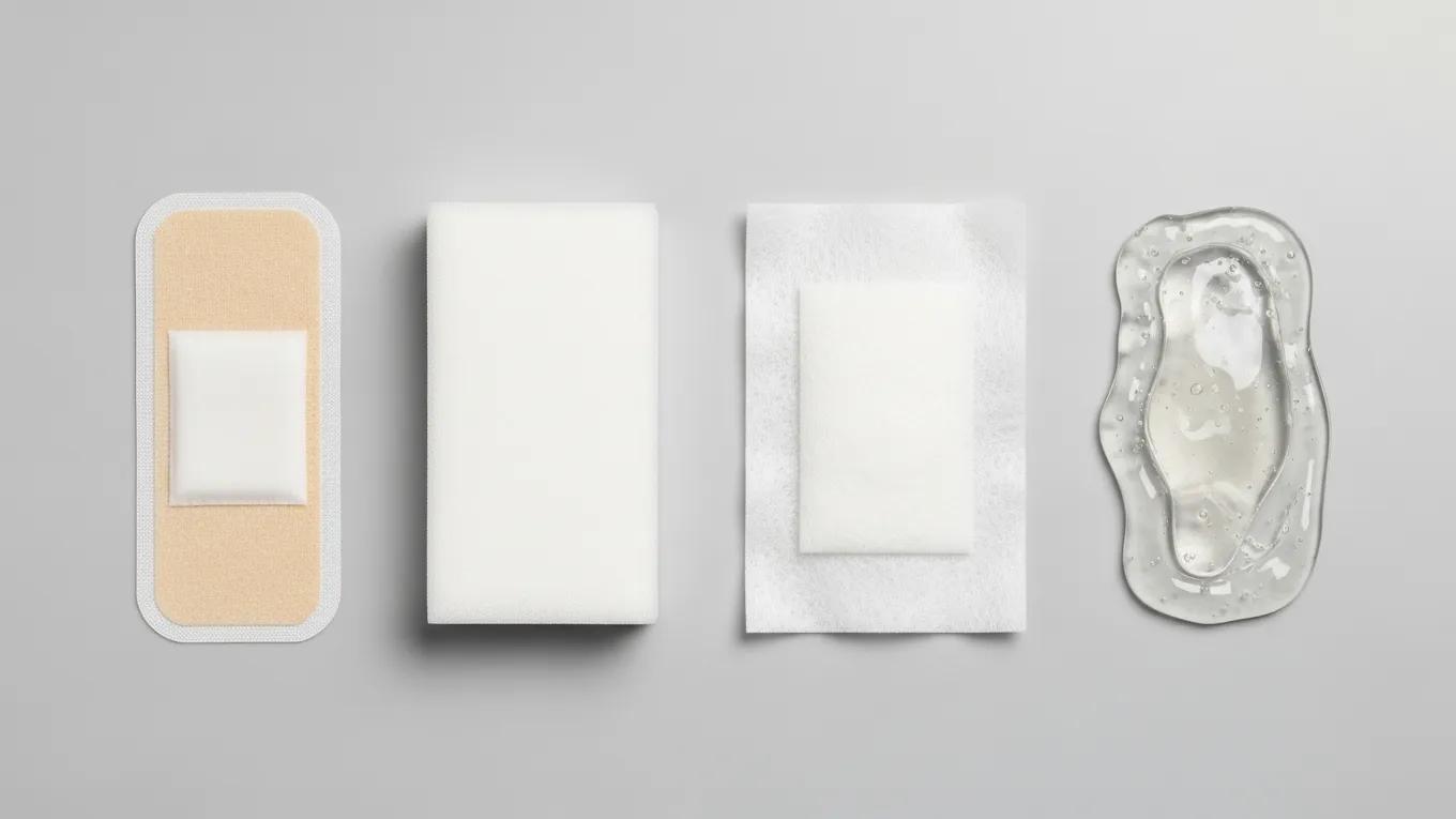 A variety of wound dressings, including hydrocolloid, foam, alginate, and hydrogel, arranged on a neutral background