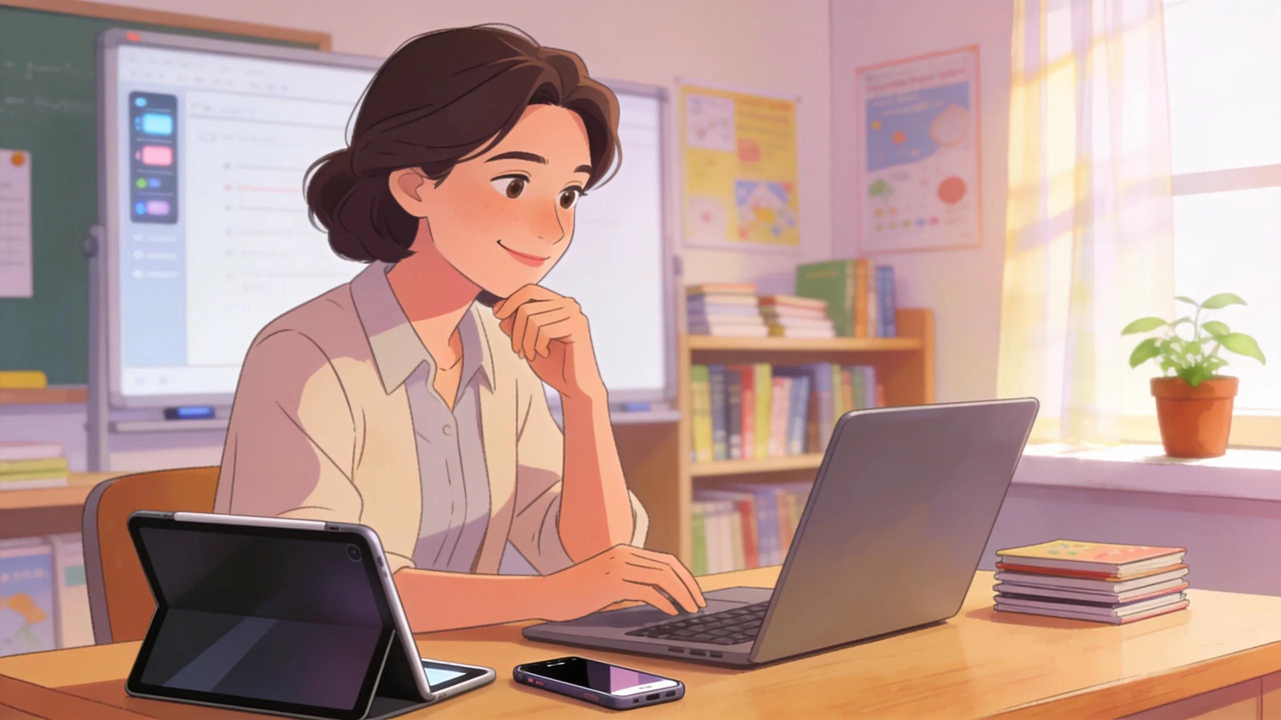 Educator using a laptop in a cozy classroom setting with books and technology, illustrating AI visibility strategies