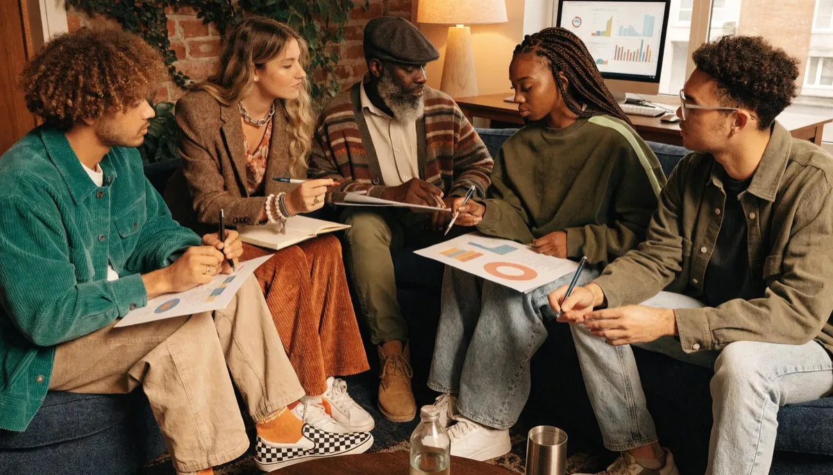 Group of diverse investors discussing multifamily investment metrics in a cozy office environment