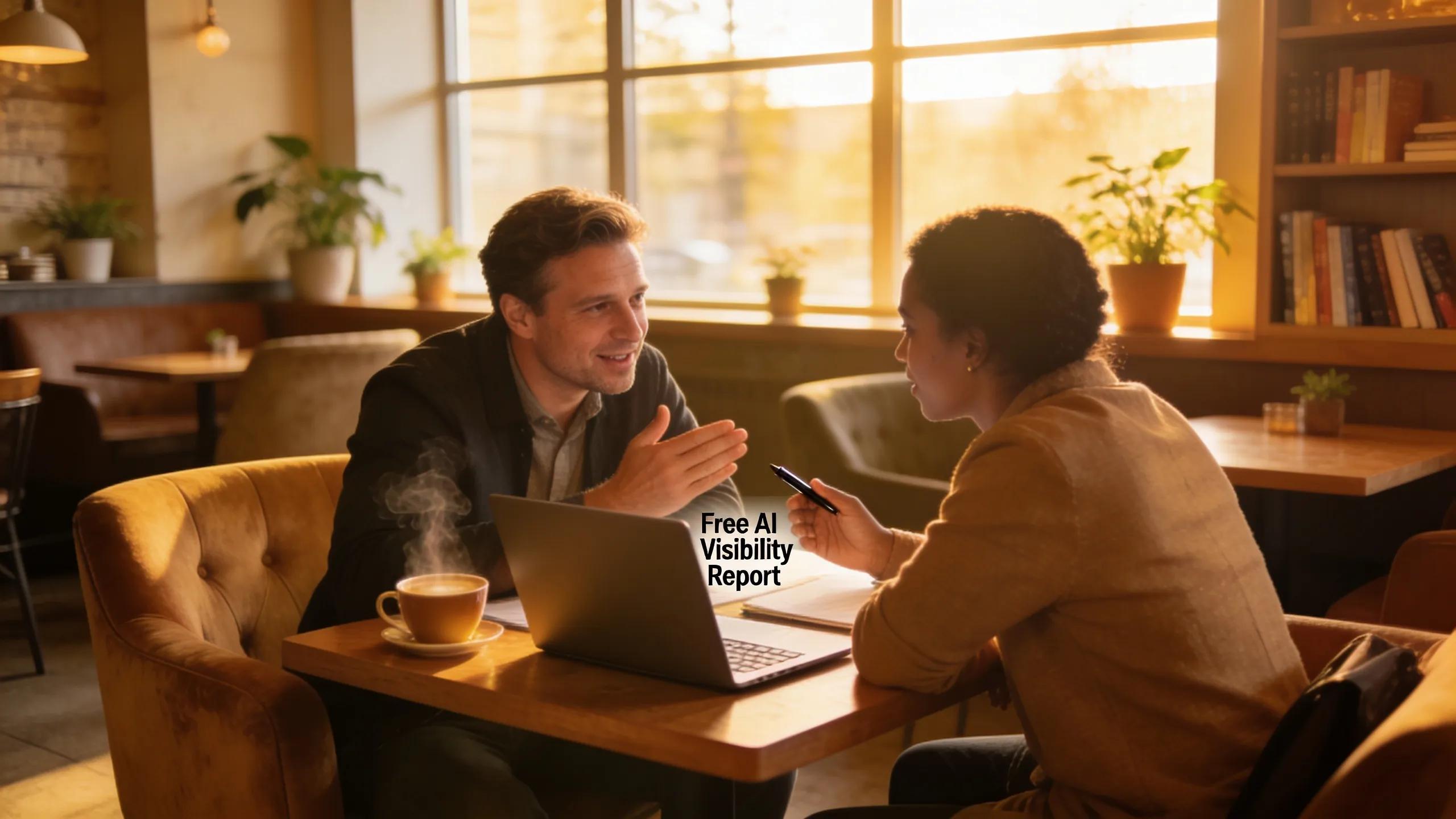 Coach and educator discussing AI visibility strategies over a laptop in a cozy coffee shop