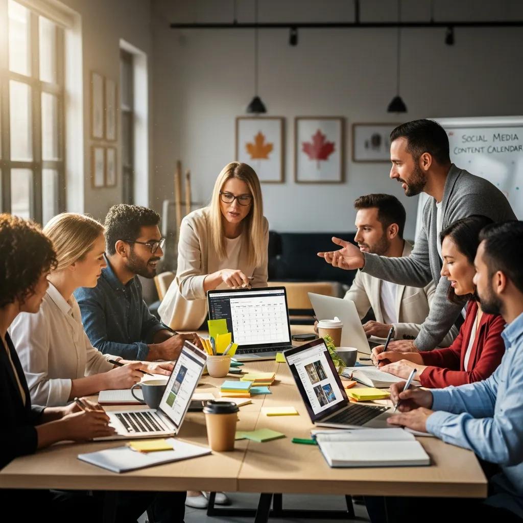 Canadian business professionals collaborating on a social media content calendar