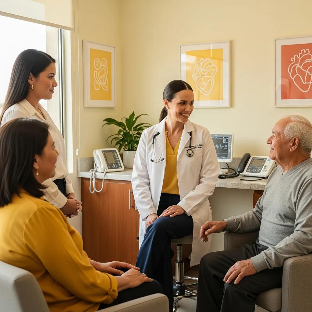 Cardiologist engaging with patients in a modern clinic in Chihuahua