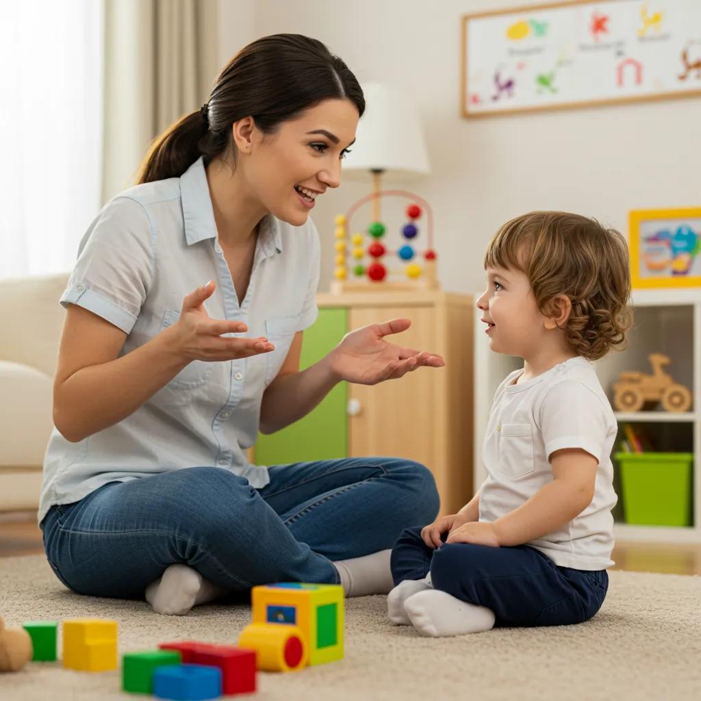 Caregiver and child engaged in a joyful conversation, highlighting the importance of language development