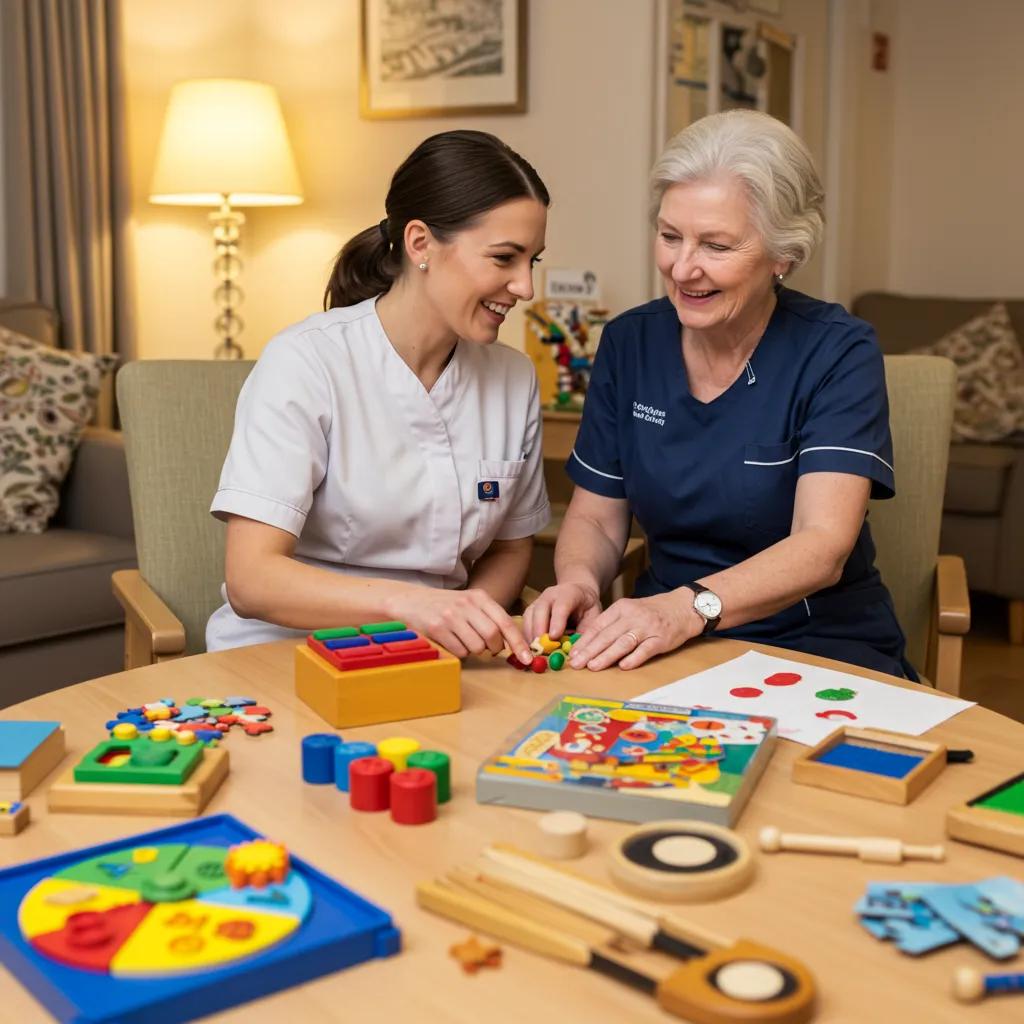 Caregiver and elderly person engaging in cognitive stimulation activities in a cozy room