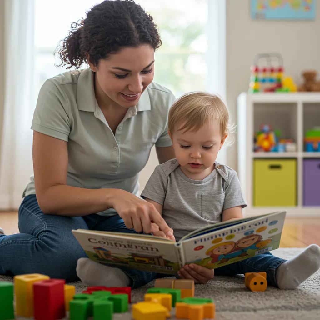 Caregiver and toddler reading together, promoting emotional intelligence in a cozy setting