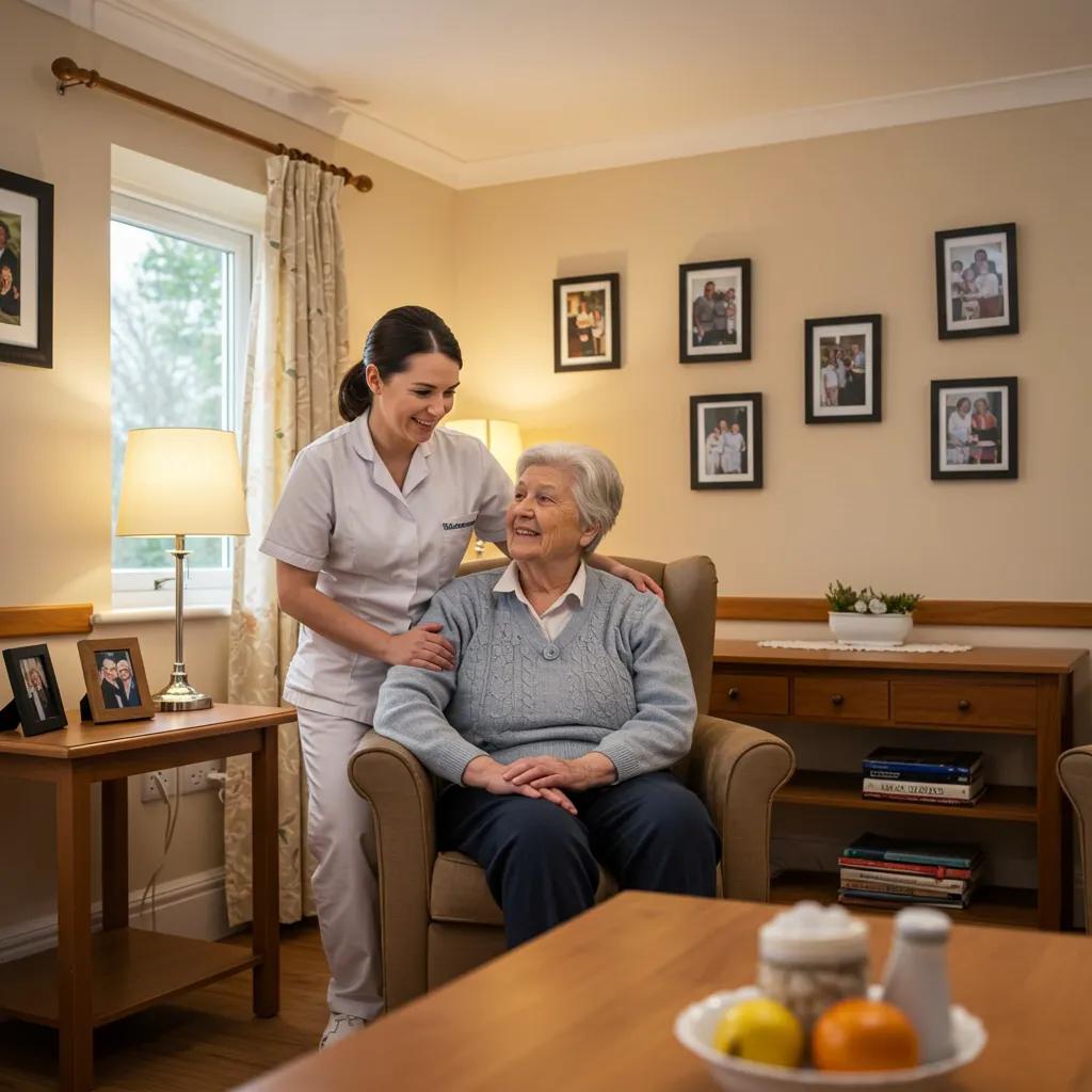 Caregiver assisting elderly person in a warm, home-like memory care environment