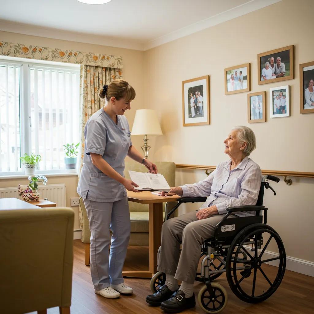 Caregiver assisting elderly person in a warm memory care environment