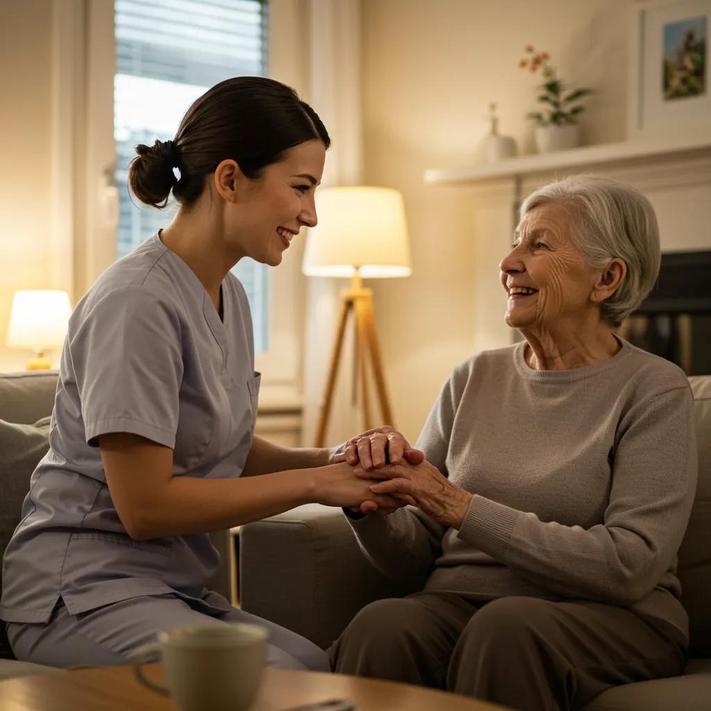 Caregiver assisting elderly person with dementia in a warm home setting