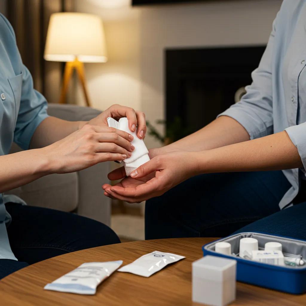 Caregiver providing home wound care with a first aid kit in a cozy living room