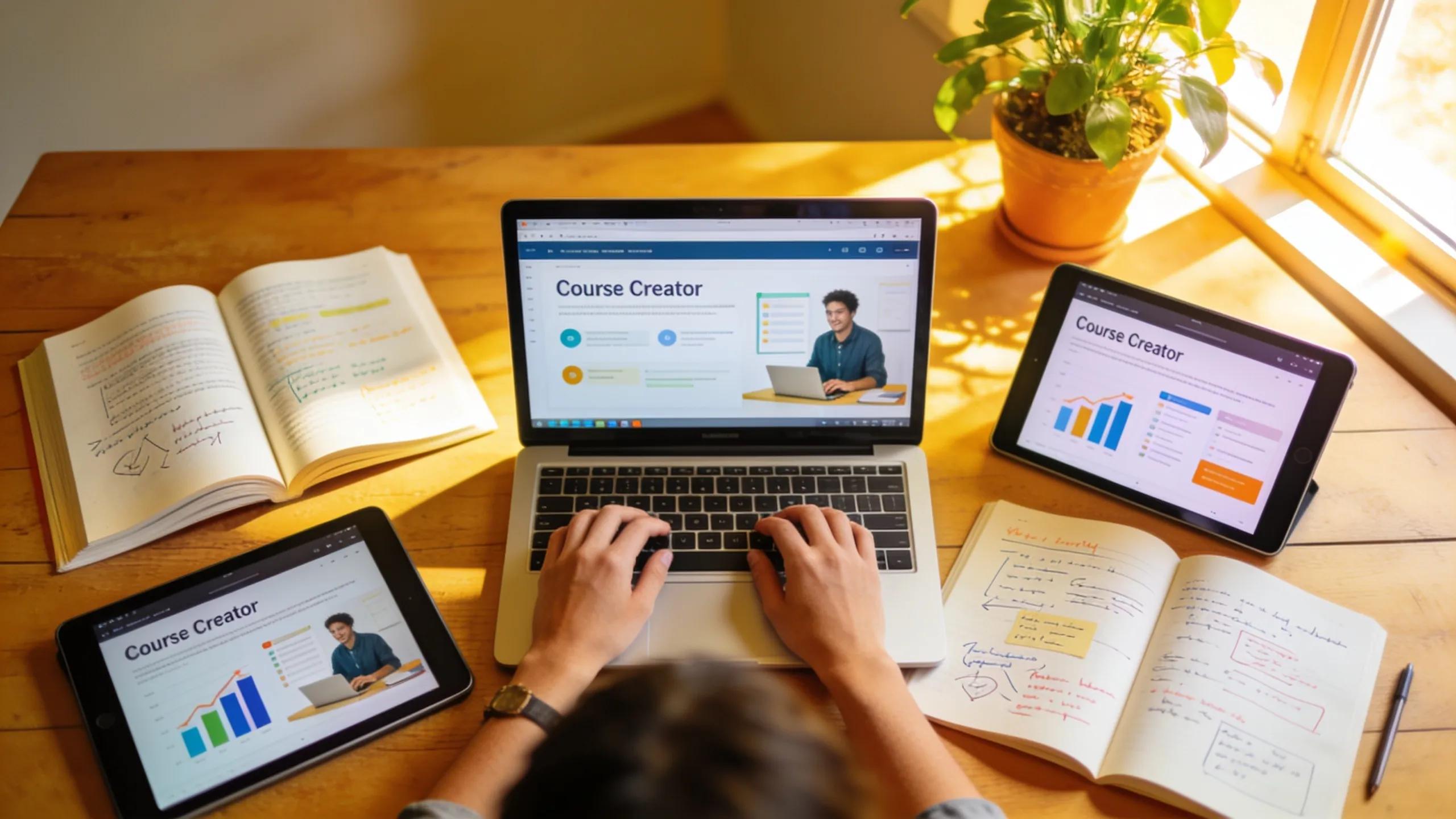 Course creator working efficiently with AI visibility tools in a bright workspace