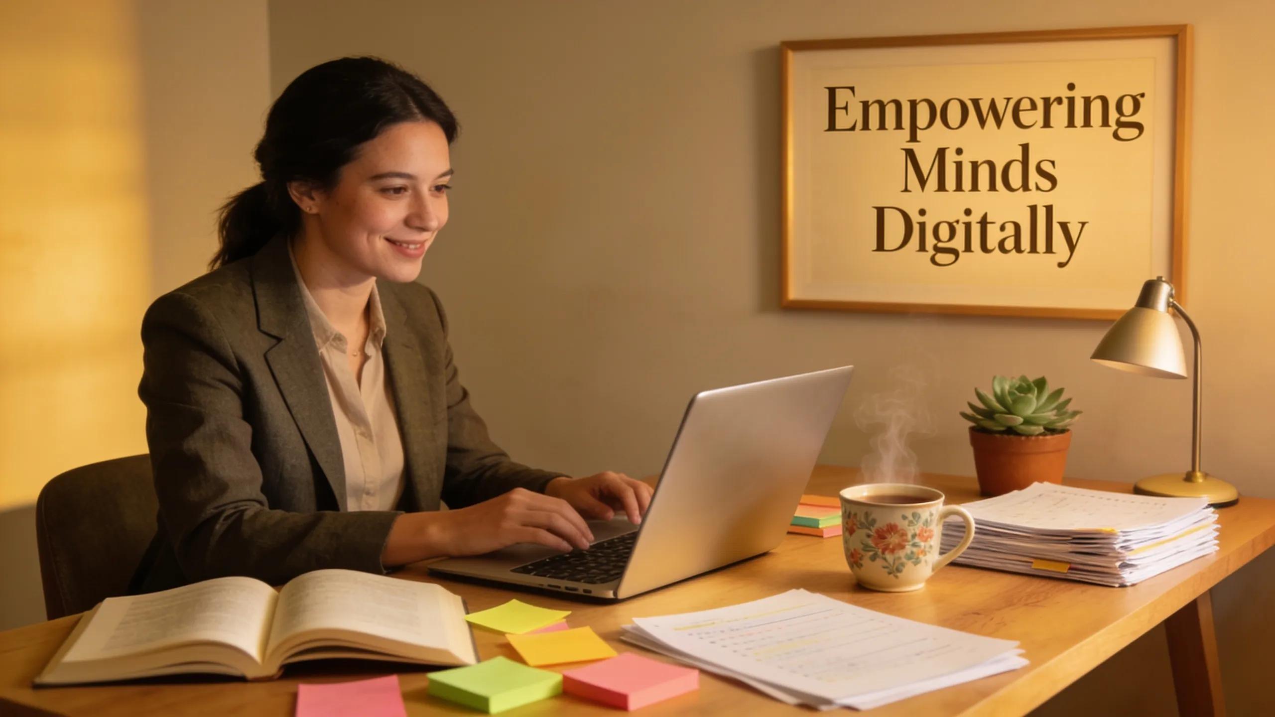 Professional workspace of a coach or educator promoting online presence enhancement and engagement