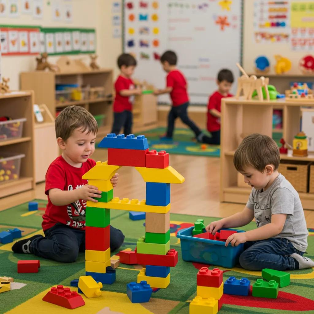 Children engaged in play-based learning activities in a colorful classroom setting