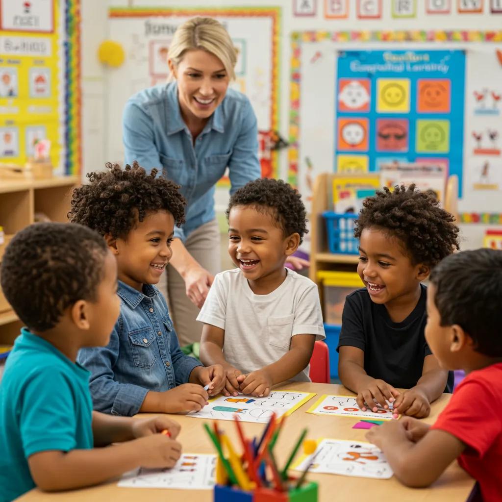 Children engaging in social-emotional learning activities in a vibrant classroom setting