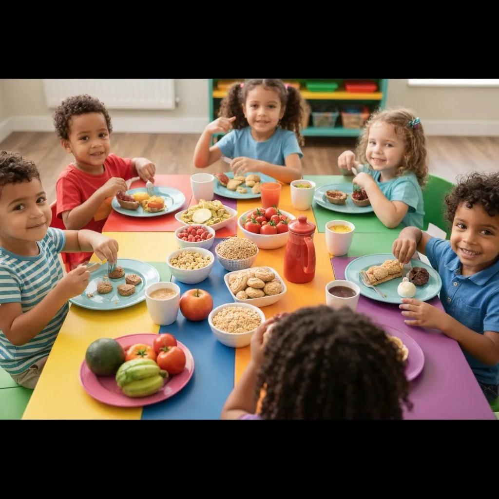 Children enjoying a healthy meal together, highlighting the importance of nutrition in early learning and development