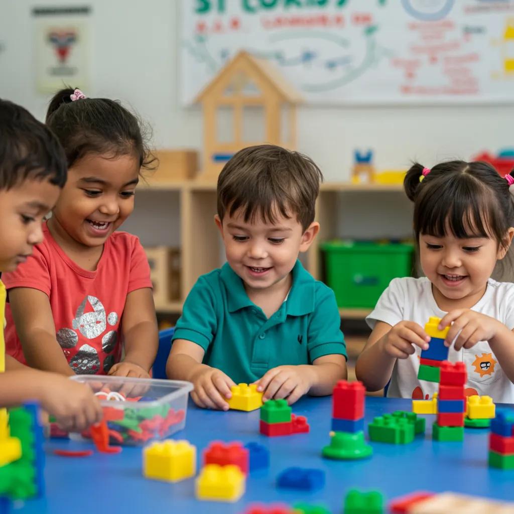 Children exploring STEM activities with curiosity in a vibrant learning environment