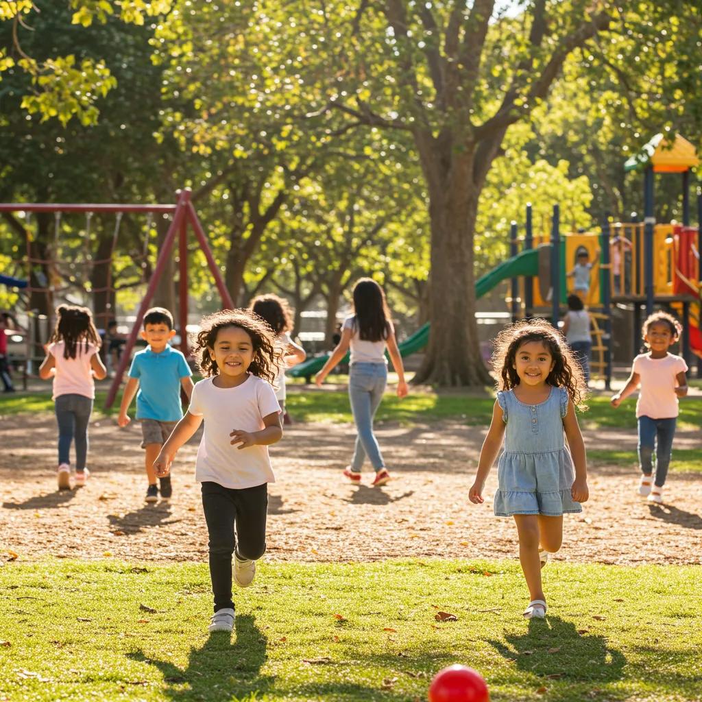 Children playing in a park, highlighting the importance of balancing play and rest for early learning