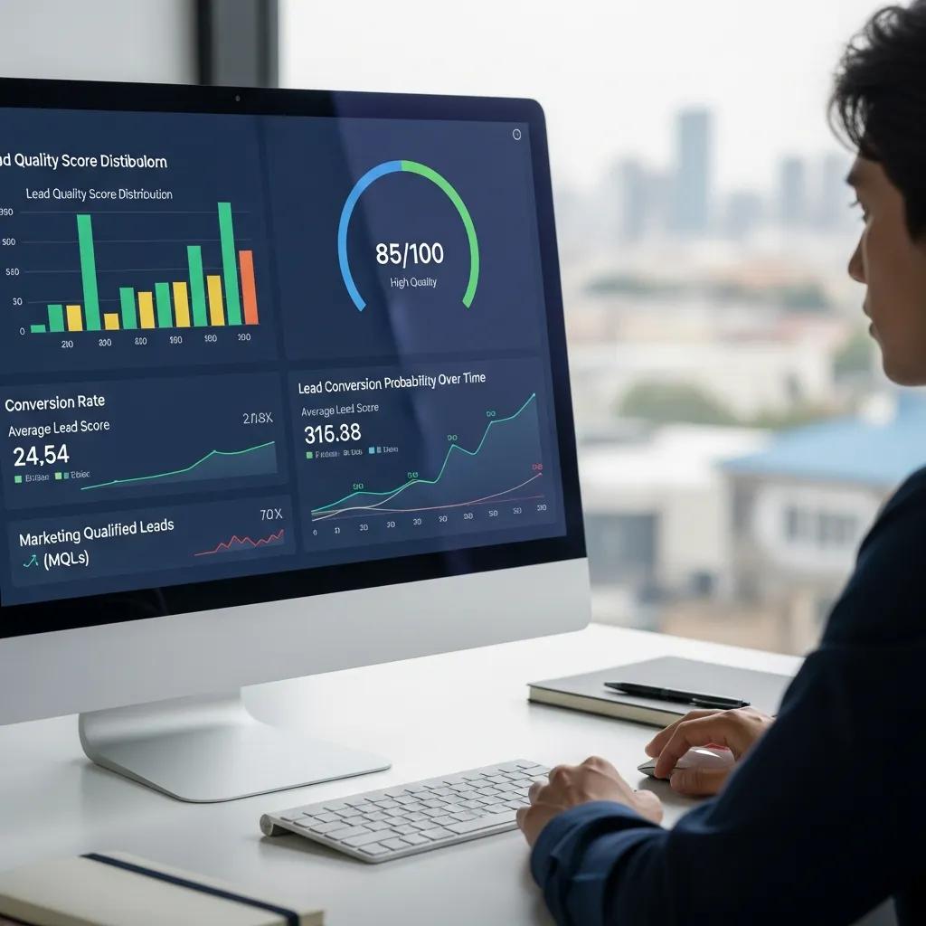 Close-up of a predictive lead scoring dashboard in a professional workspace