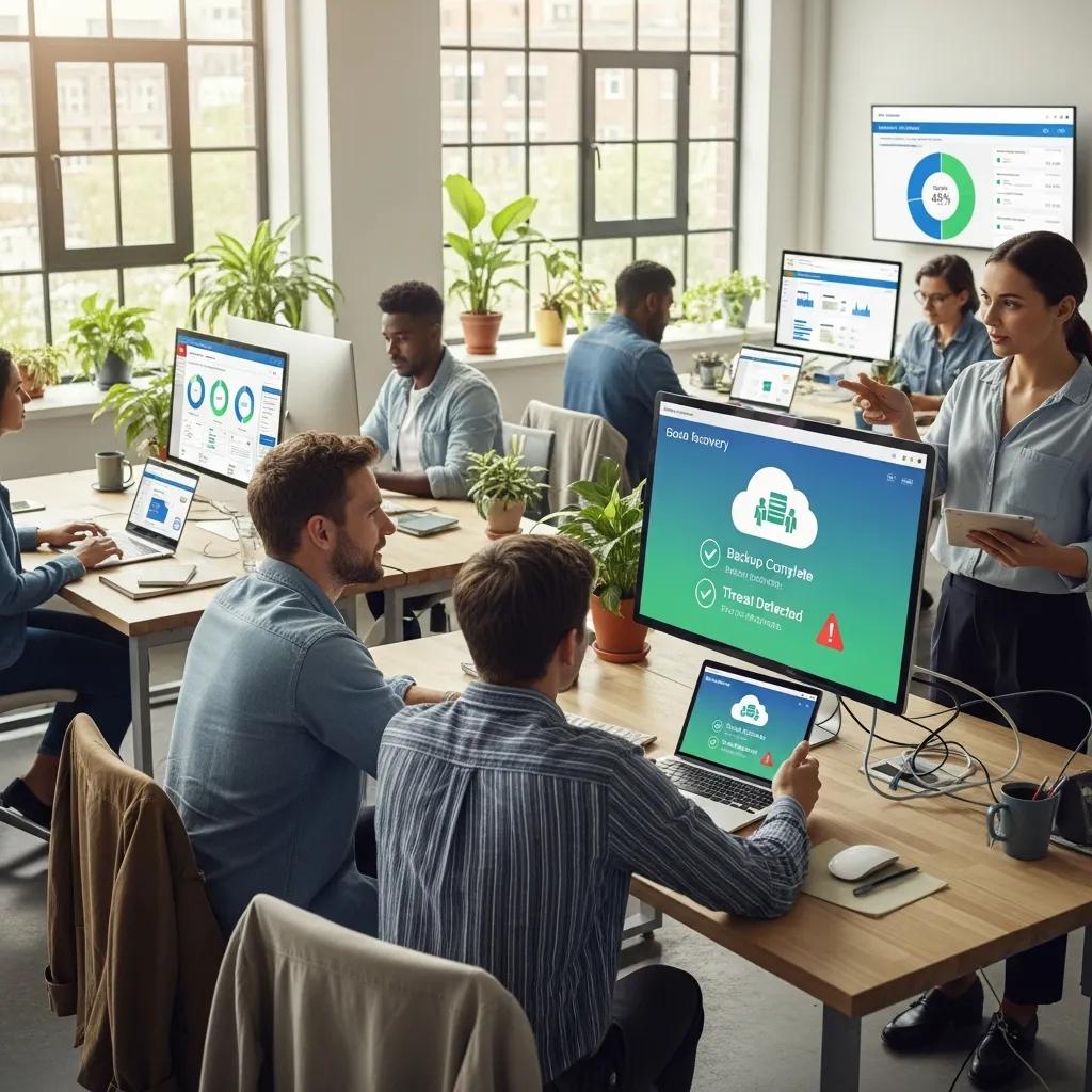 Cloud-based backup solutions in a modern office setting with professionals collaborating