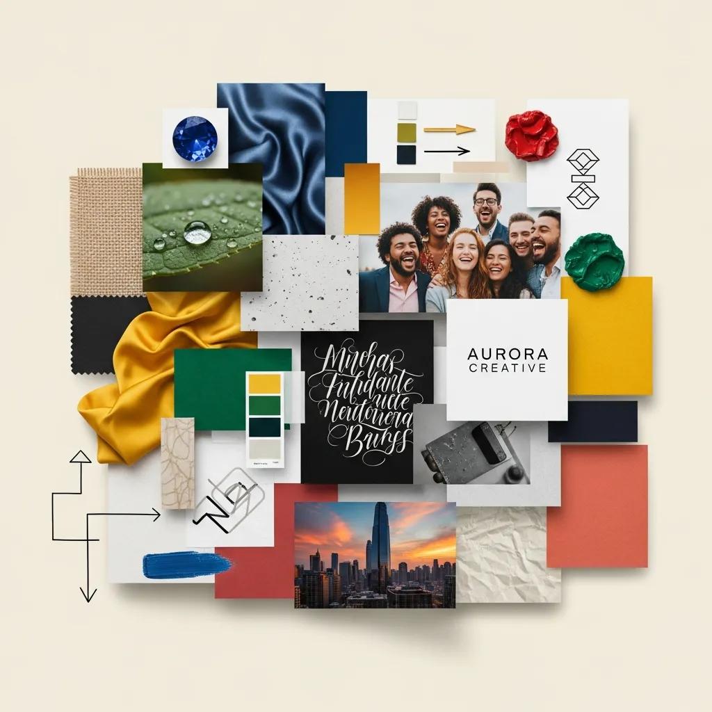 Colorful mood board elements representing branding concepts and visual identity