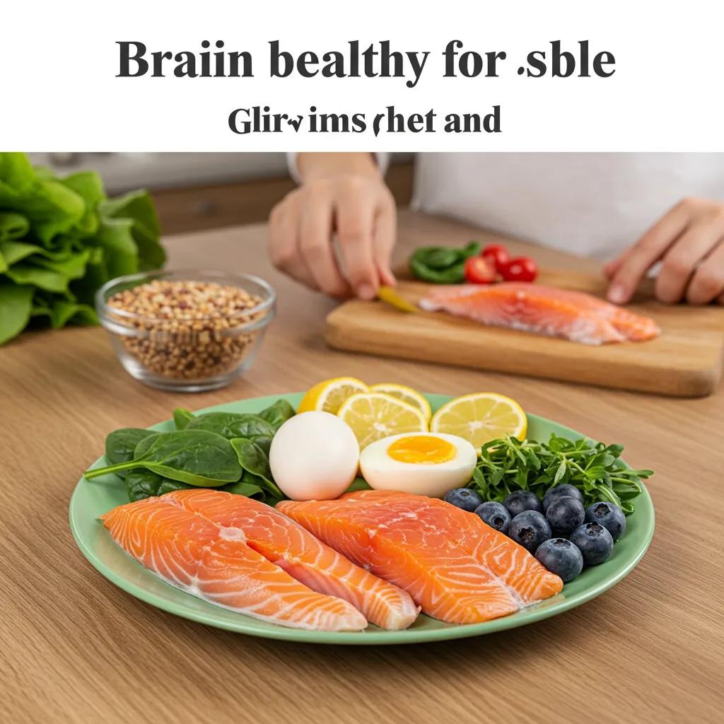 Colorful plate of brain-healthy foods for children including fatty fish, eggs, leafy greens, and berries in a bright kitchen setting