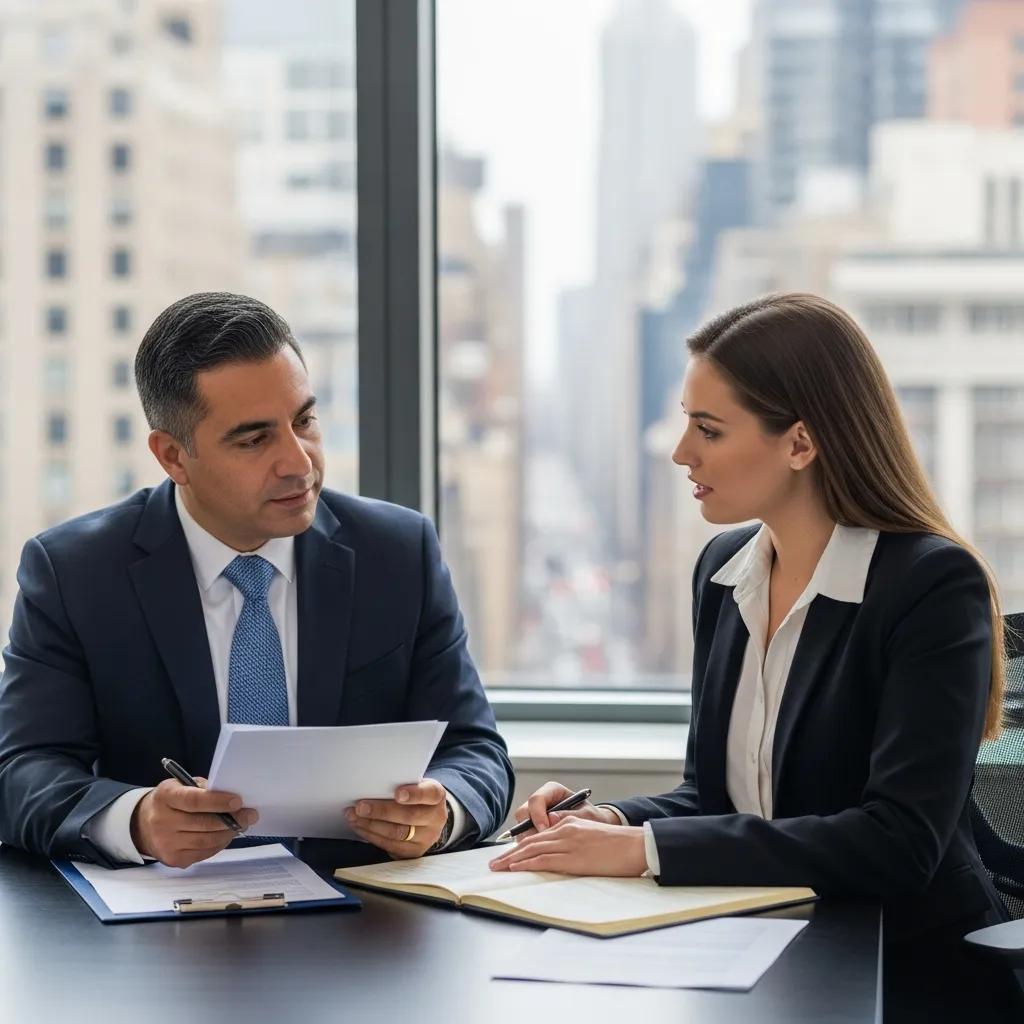 Commercial litigation attorney consulting with a business client in a modern New York office