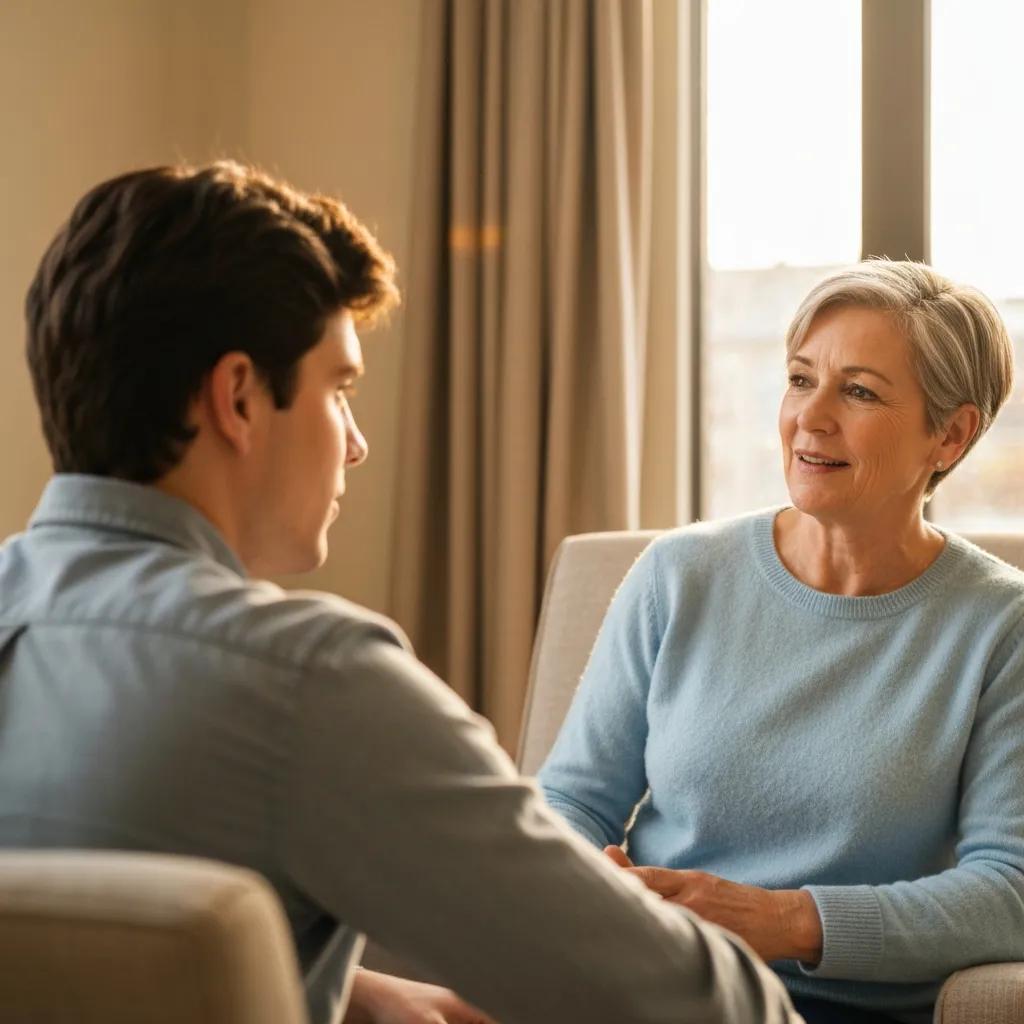 Compassionate therapist and client in a cozy therapy session, emphasizing addiction recovery support