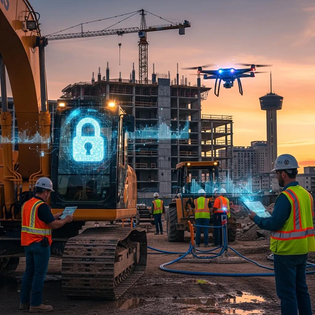 Construction site in San Antonio with cybersecurity elements, showcasing modern technology integration