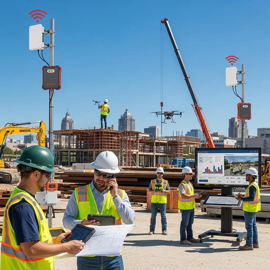 Construction workers using digital tools on a job site in San Antonio, highlighting the importance of network connectivity