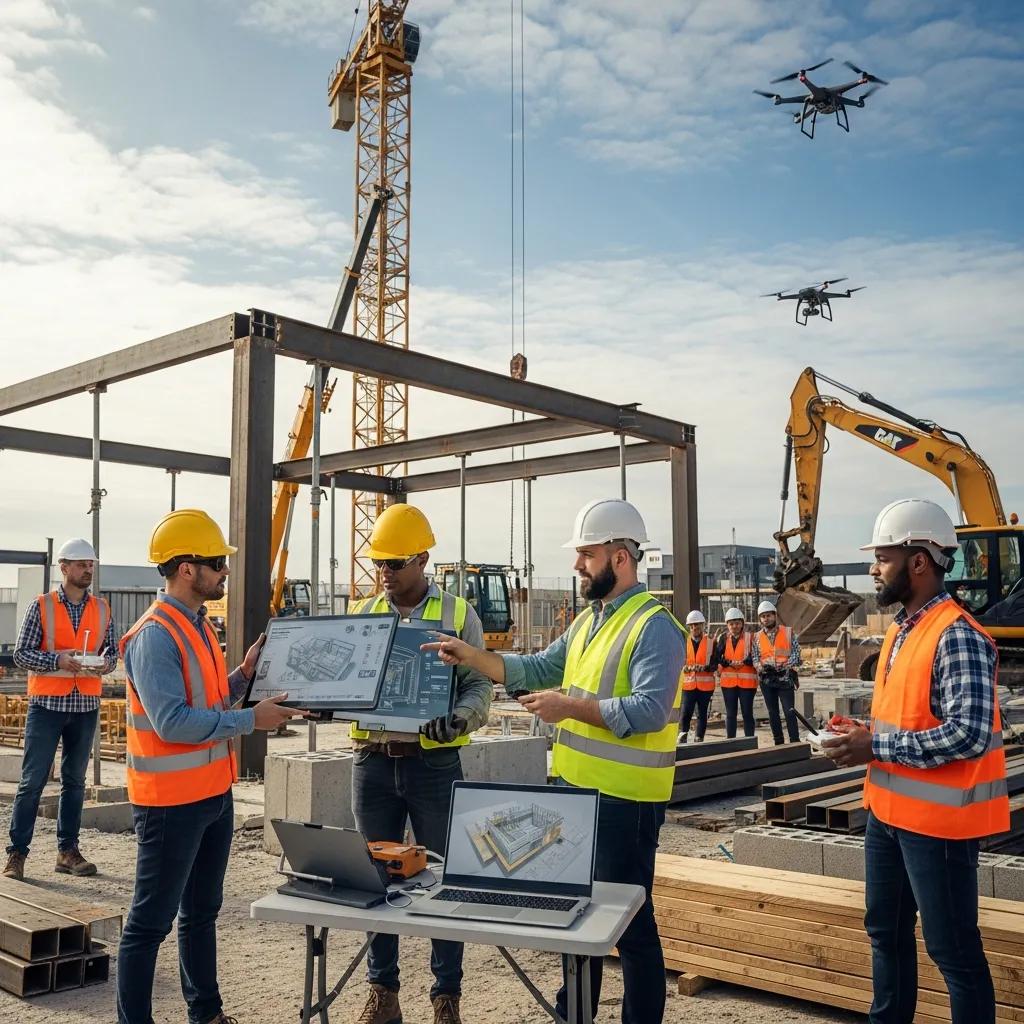 Construction workers using IT technology on-site to enhance project efficiency