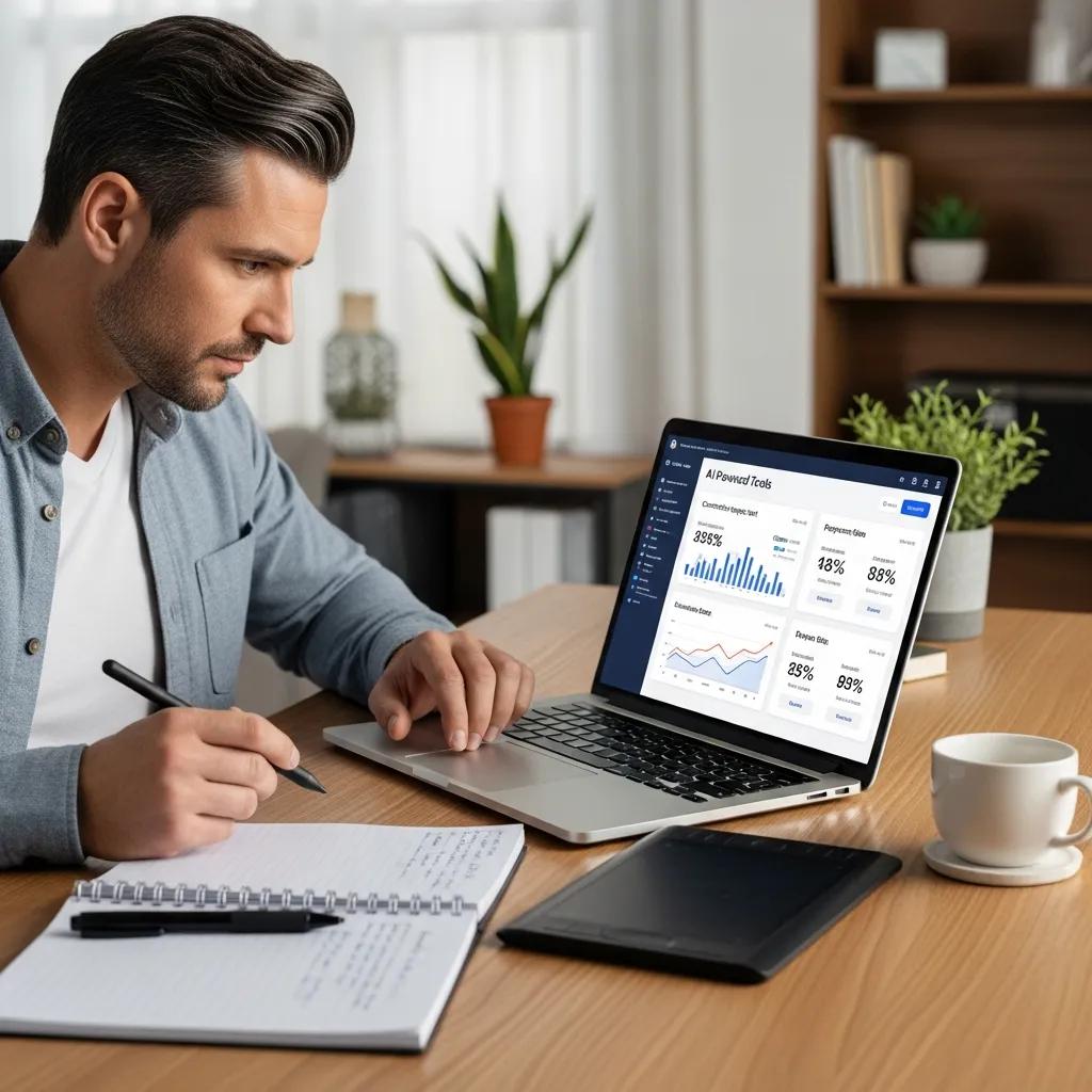 Consultant using AI tools for LinkedIn outreach in a modern workspace