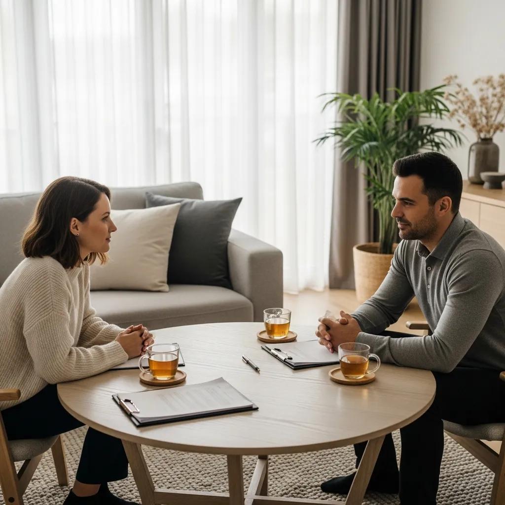 Couple discussing divorce in a calm and supportive environment
