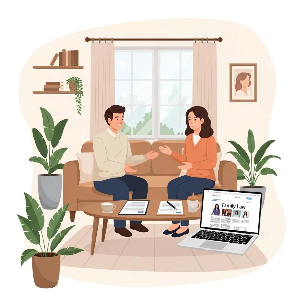 Couple discussing divorce in a calm living room, emphasizing cooperation and understanding