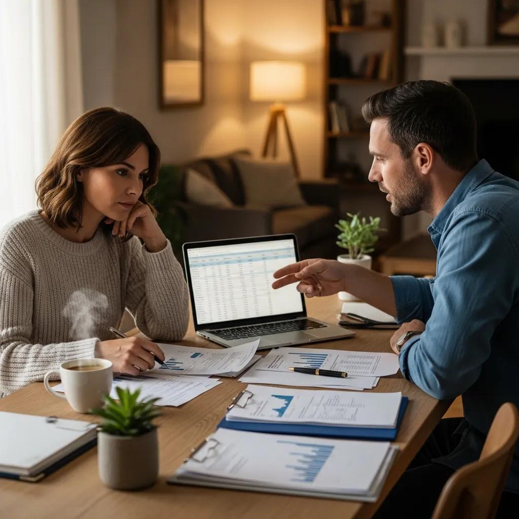 Couple discussing financial documents related to divorce in a cozy home setting