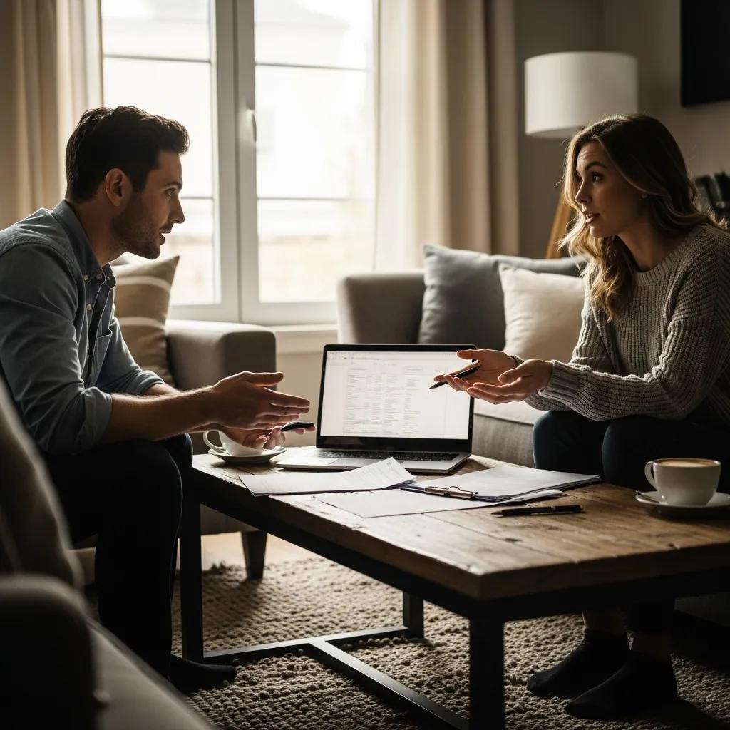 Couple discussing property division in a cozy living room, emphasizing the complexities of divorce