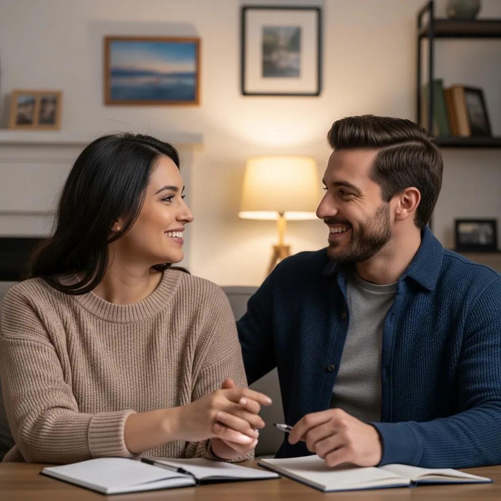 Couple discussing their future in a cozy living room, representing the journey of obtaining a fiancé visa or marriage green card