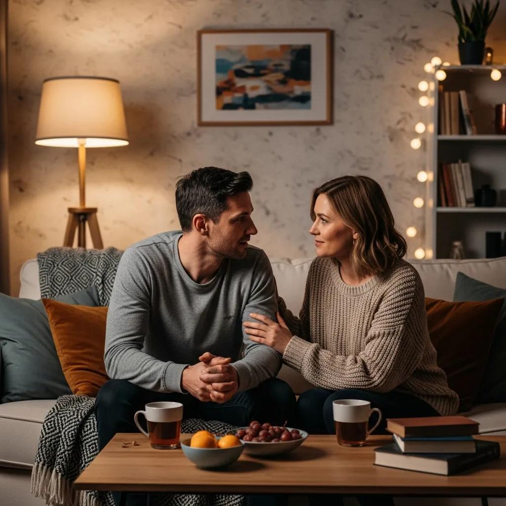 Couple engaged in a heartfelt conversation about rebuilding trust in relationships affected by porn addiction