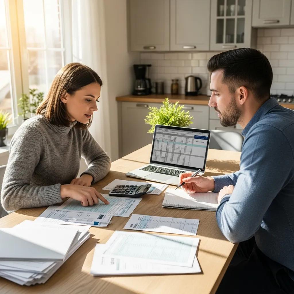 Couple reviewing tax deductions at a kitchen table, illustrating financial planning