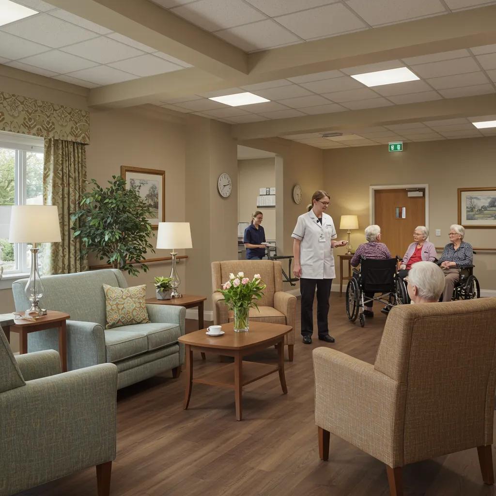Cozy memory care facility environment with elderly residents and attentive staff