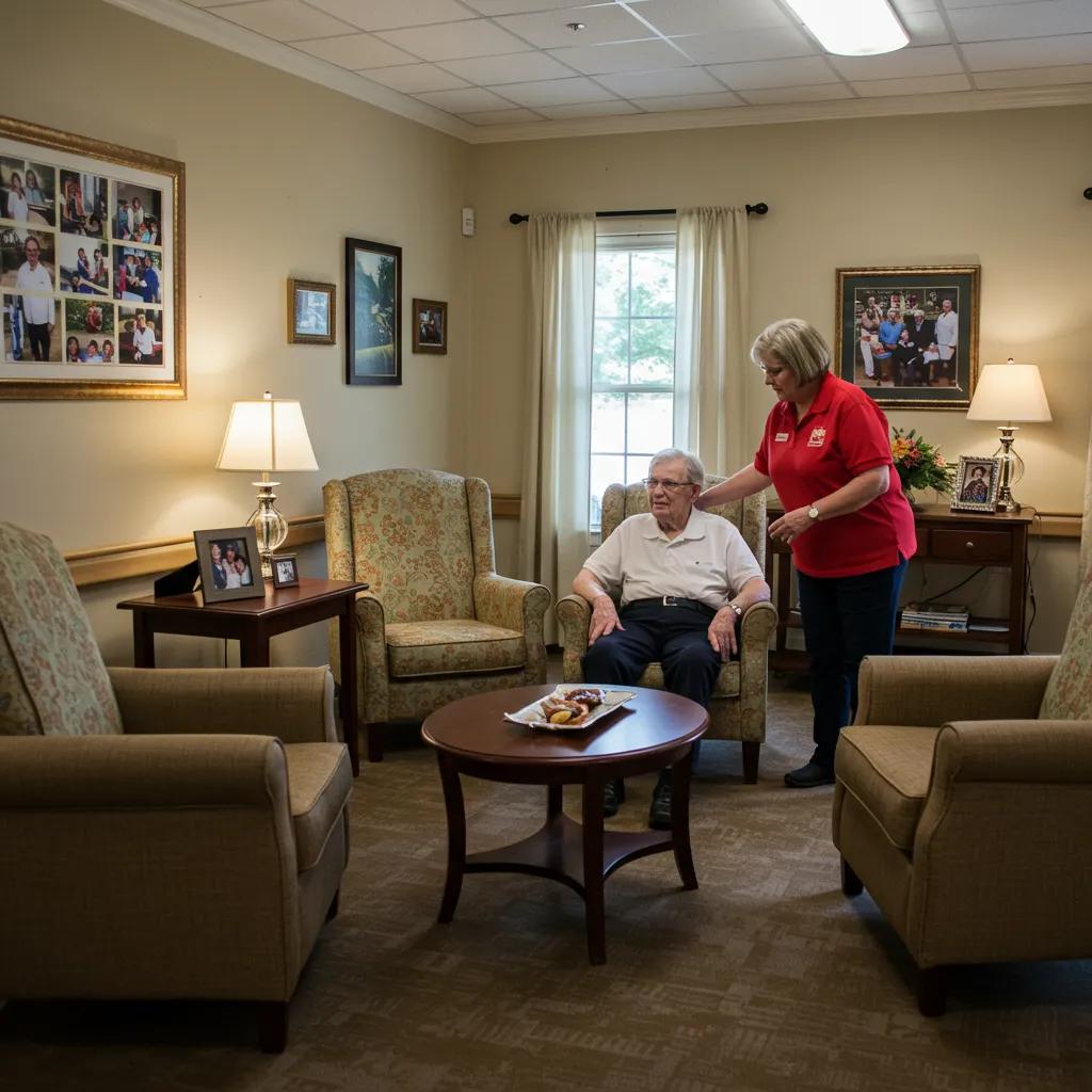 Cozy memory care facility in West Virginia with caregiver and resident interaction